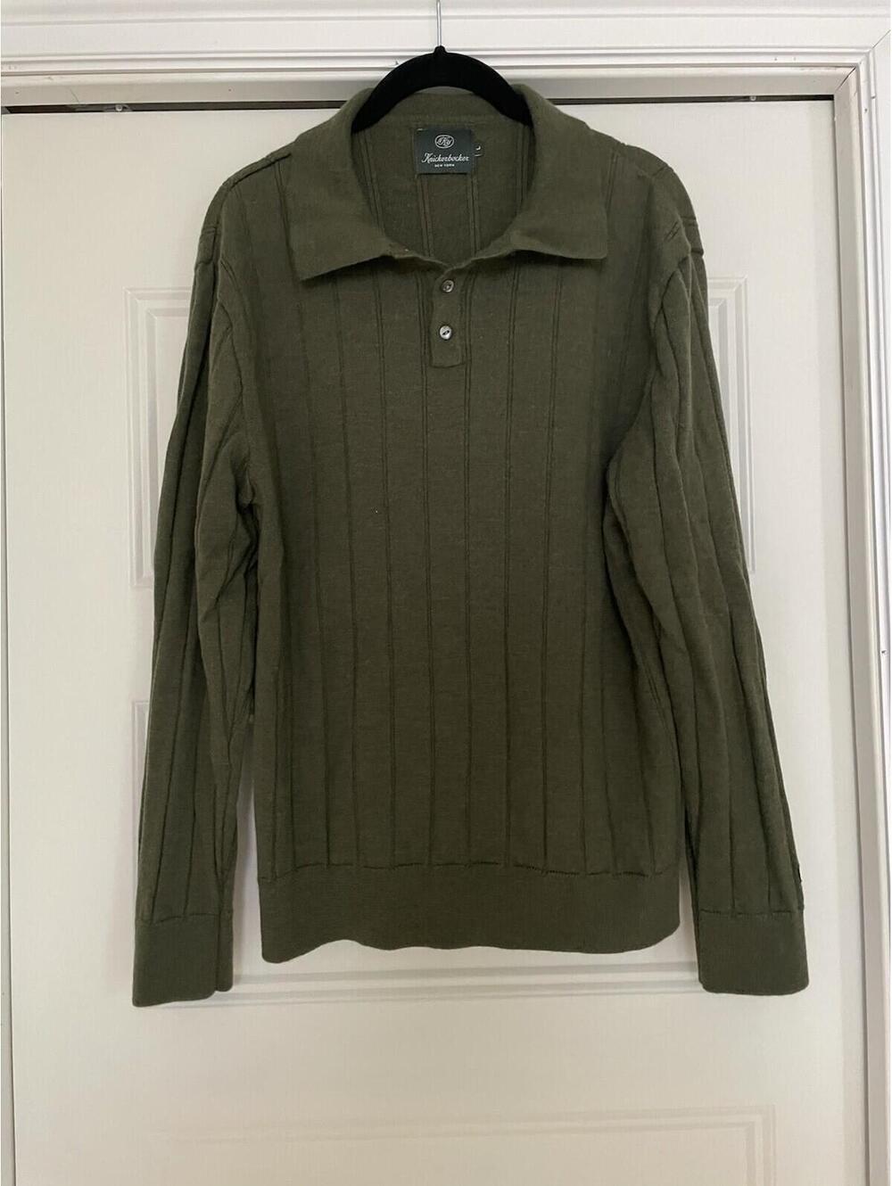 Knickerbocker Green Merino Wool Long Sleeve Sweater Polo L